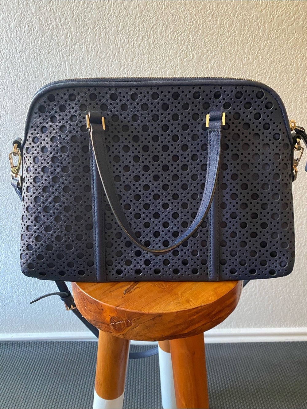 NWOT Kate Spade navy perforated satchel with gold hardware - Picture 2 of 3